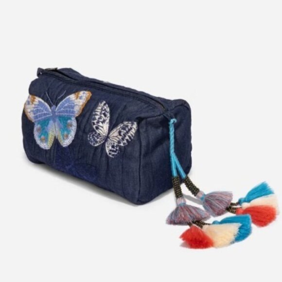 New Johnny Was Paradisio Quilted Denim Makeup Bag with Butterflies & Tassles - Picture 3 of 13